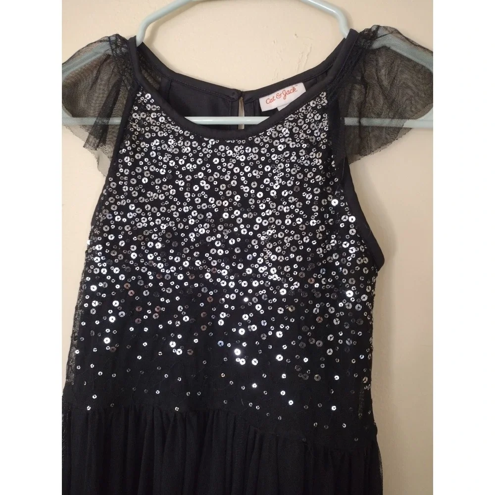 Cat & Jack Girls Black Sequin Tulle Dress Size M‎ 7/8 Flutter Sleeve Holiday